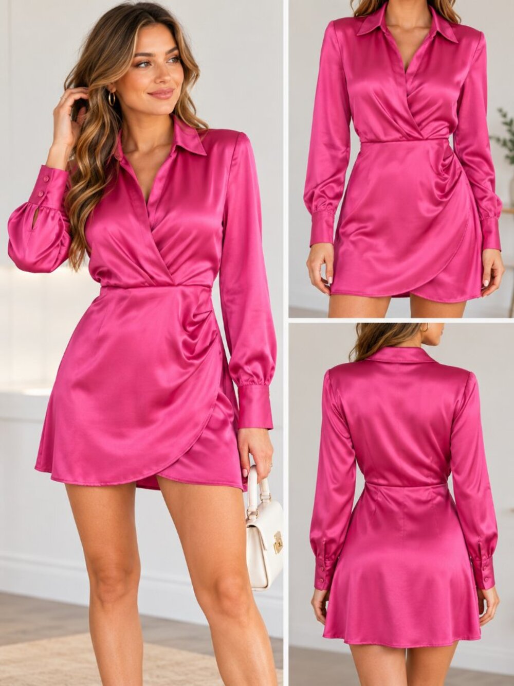 ZARA Hot Pink Satin Shirt Dress Long Sleeve Collared Mini Size Small